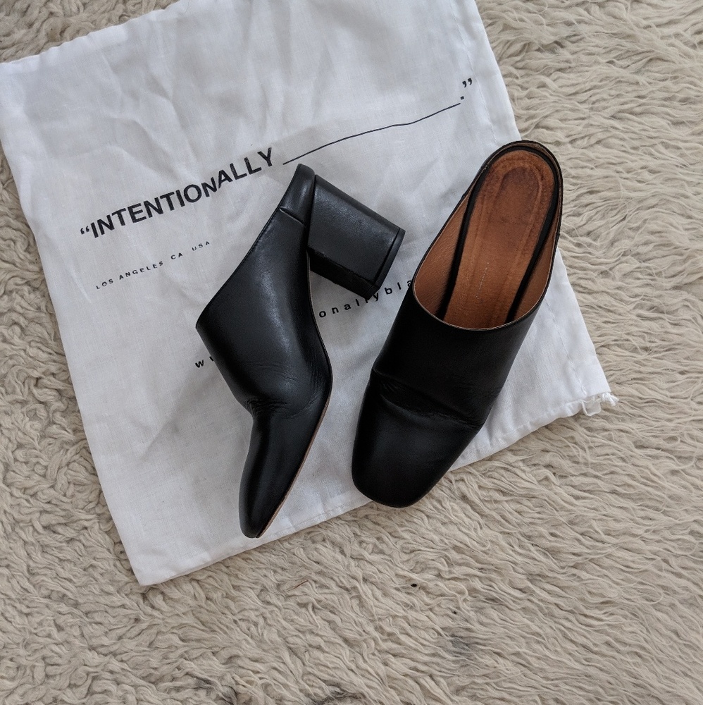 Intentionally Blank Black Leather Mules